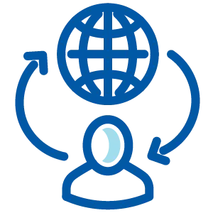 icon of a globe on top of a figure with circulating arrows